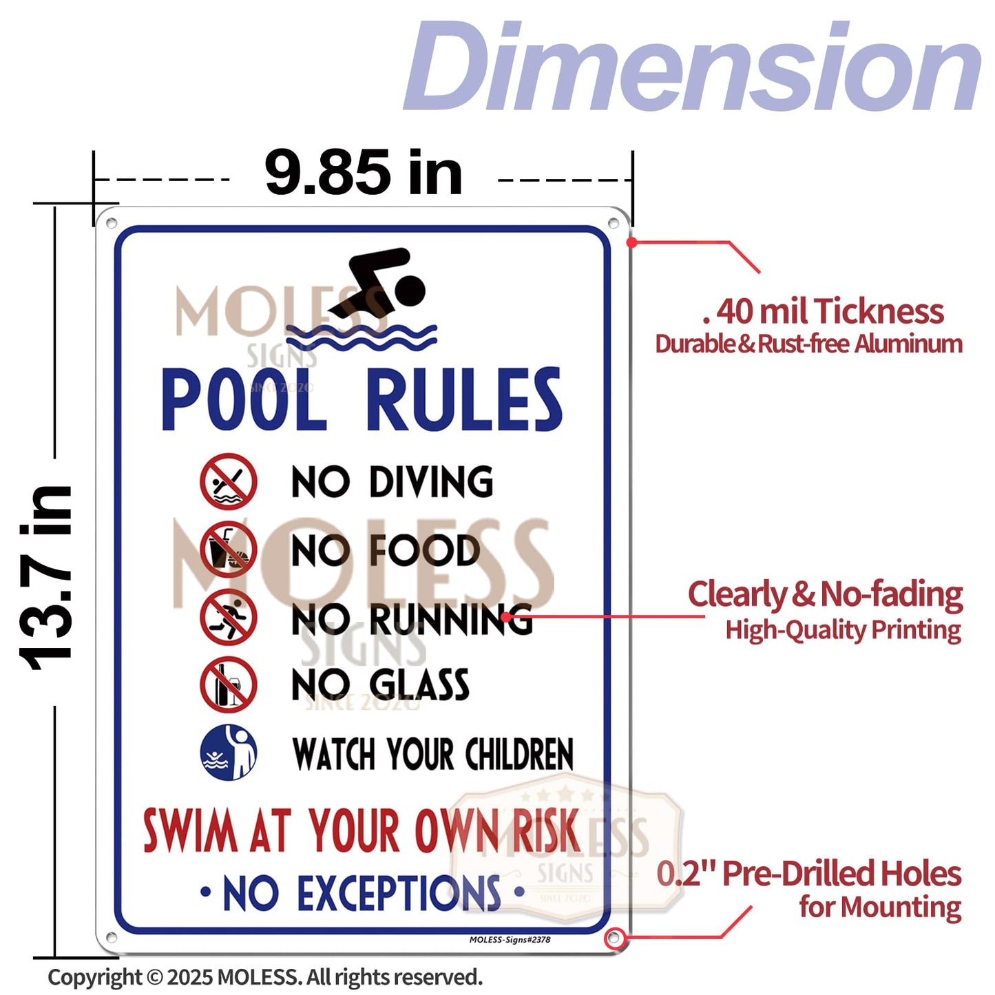 MOLESS 2 Pack Pool Rules Signs Outdoor – 14x10 Inch Pool Signs for Outside, Durable 0.040 Aluminum Weatherproof & UV Protected, Easy to Mount for Pool Safety, 2378-White