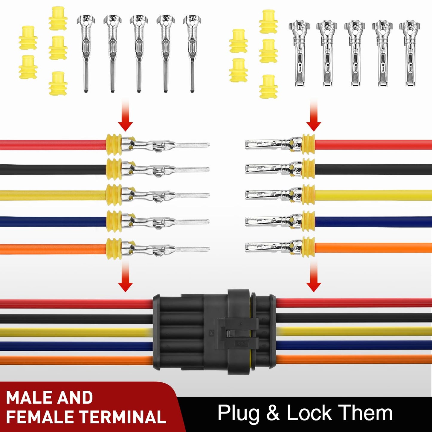 Nilight 220PCS 5 Pin Electrical Connector ‎Plug Male Female Terminal Wire Connectors Waterproof 5 Way Automotive Connect Set for Car Truck Motorcycle Marine Boat 10 Sets