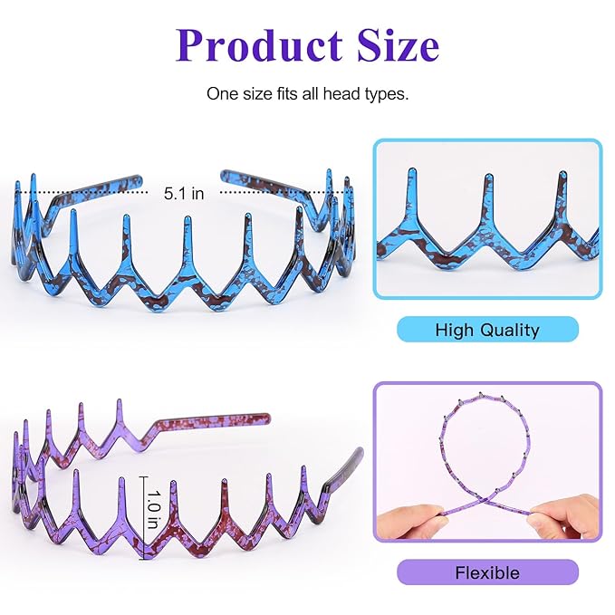 forenee 5 Pcs Plastic Zigzag Headbands for Women - Hair Bands for Women Hair Accessories, Non Slip Wave Shape, Purple, Red, Brown, Green, Blue
