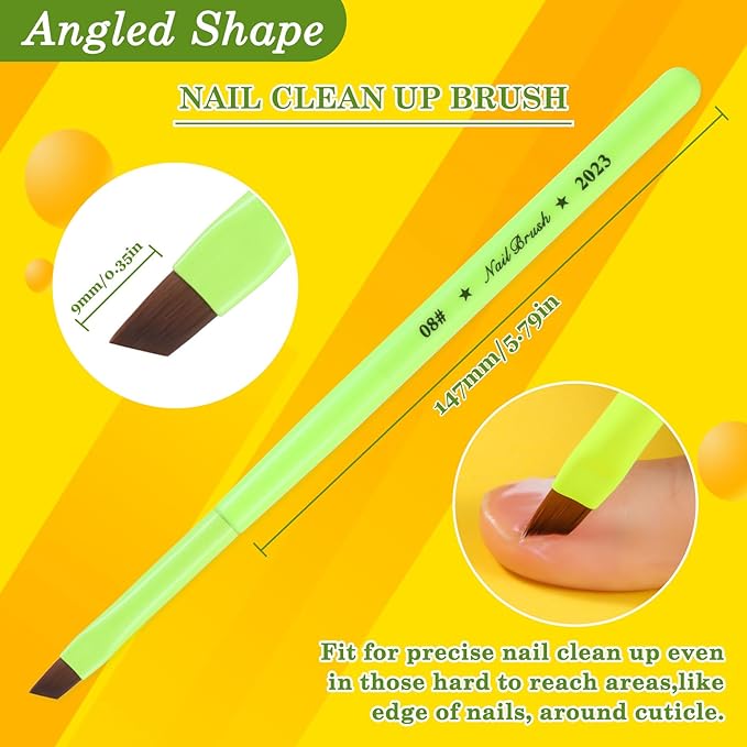 Fluorescent Green Nail Art Clean Up Brushes for Cleaning Polish Mistakes on the Cuticles, Acetone Resistant Nail Brushes, and Fingernail Cleaning Brushes for Nail Art and Designs (Round&flat&Bevel)