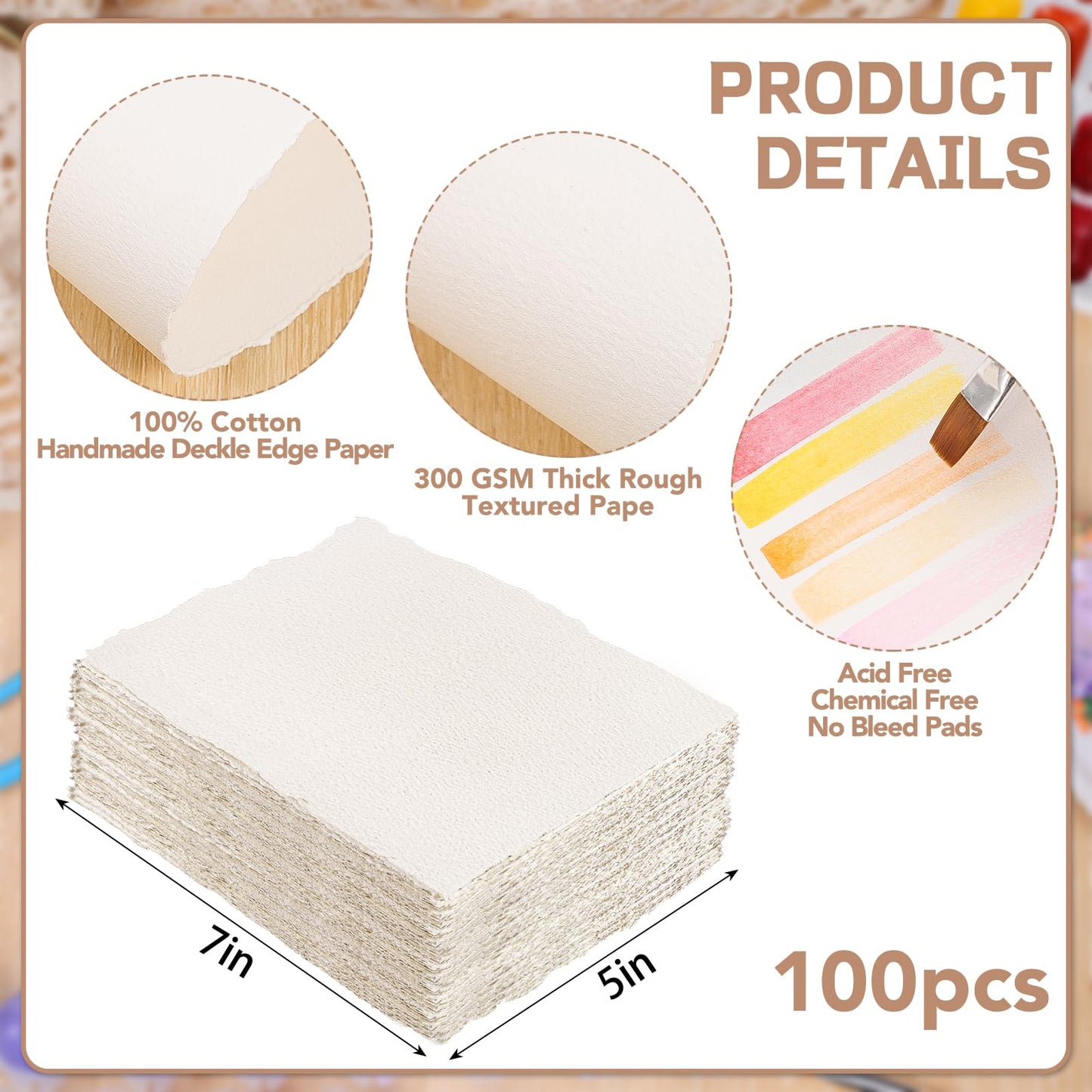100 Sheets Watercolor Paper 5 x 7inch, 300 GSM Deckled Edge Paper Rough/Textured Handmade Paper for Watercolors, Wedding Invitations, Cards, Crafts