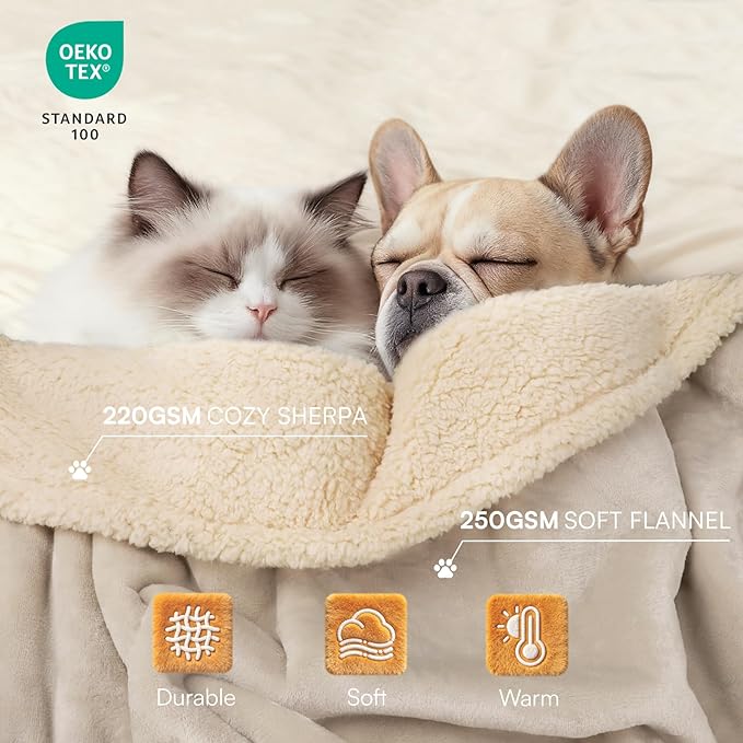 Waterproof Pet Blanket, Liquid Pee Proof Dog Blanket for Sofa Bed Couch, Reversible Sherpa Fleece Furniture Protector Cover for Small Medium Large Dogs Cats, Grey Beige Small（40" x 28"）