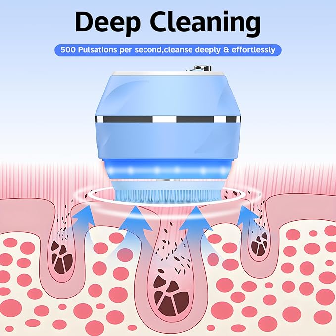 Face Scrubber, Waterproof Silicone Facial Cleansing Brush 6 Modes, 3 Light Effect, Rechargeable Electric Exfoliator Deep-Clean Scrubber for Women and Men