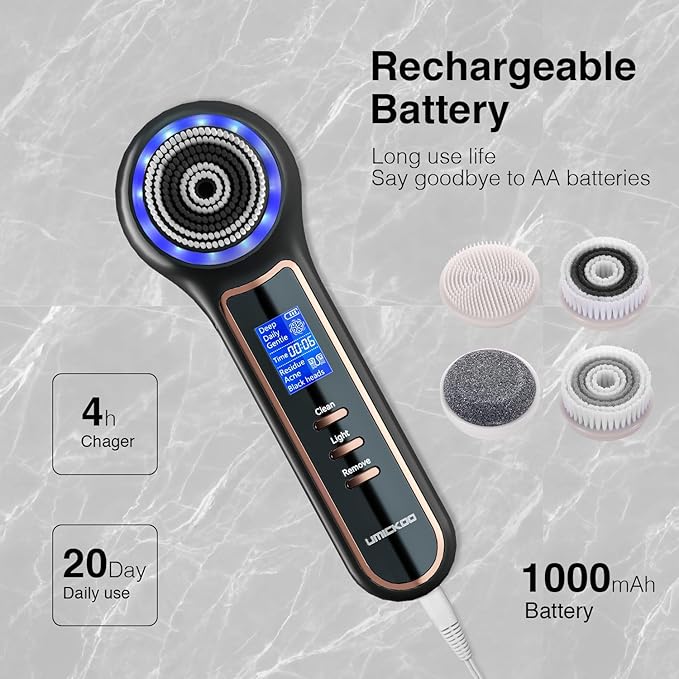 UMICKOO Electric Facial Cleansing Brush with LCD Screen, 3-in-1 Face Scrubber & Optional Blackhead Remover, Rechargeable, IPX7 Waterproof, Gentle Daily & Deep Cleaning for All Skin Types