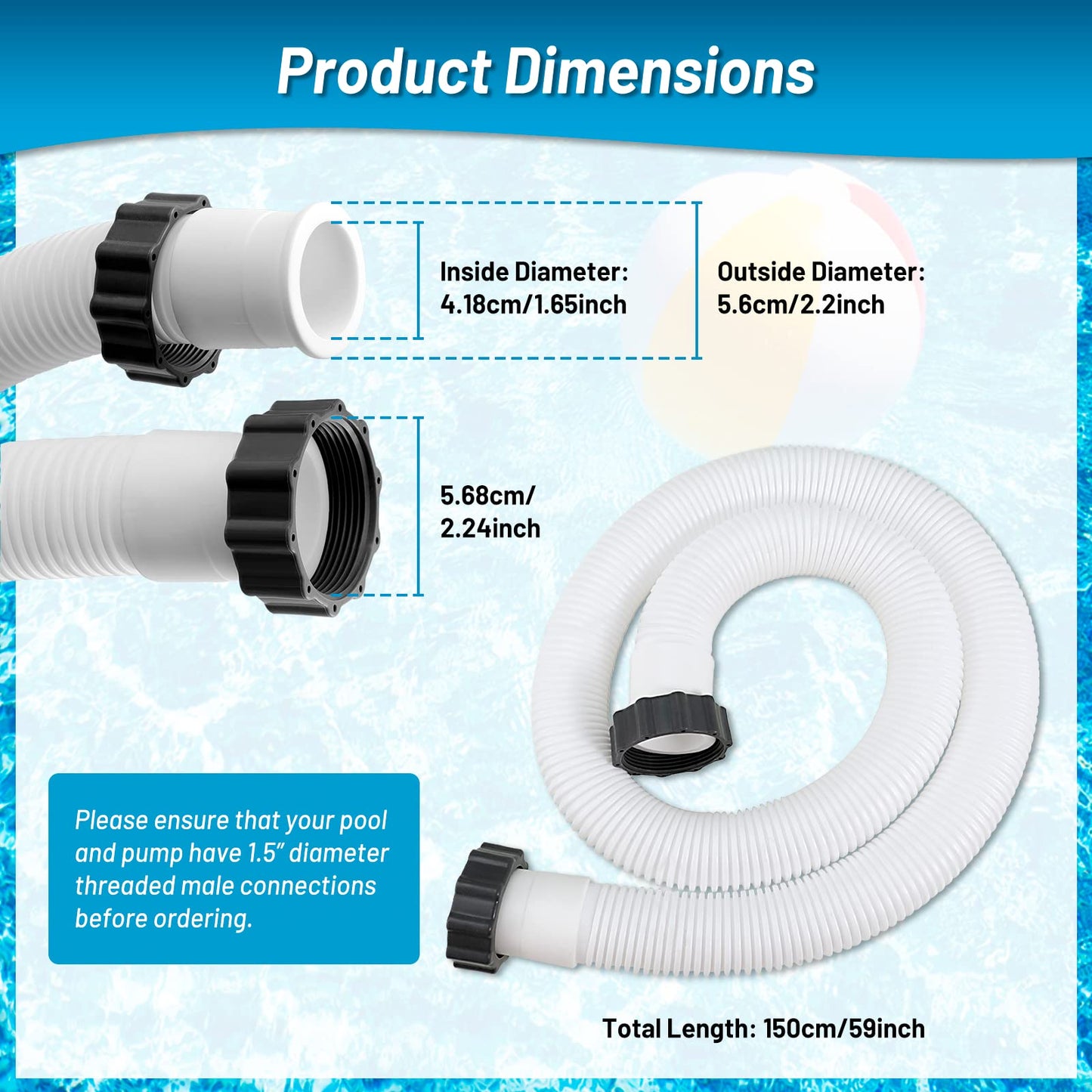 IDEASURE 1.5" Diameter 29060E Pool Pump Hoses for Above Ground Pools - 59" Long Pool Hoses for Intexx Cole man Filter Pumps, Sand Filters & Saltwater Systems with 1,500 to 2,500 GPH Capacity, 2 Pack