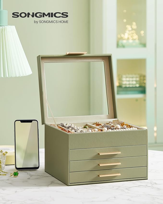 SONGMICS GISELLA Collection - Jewelry Box Organizer, 4-Layer Jewelry Storage with 3 Drawers, Shiny Metal Hardware, Glass Lid, Modern, 8 x 9.1 x 6.5 Inches, Avocado Green and Gold Color UJBC173C02