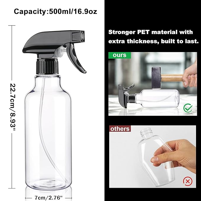 Plastic Spray Bottle 16.9oz Empty Spray Bottles Refillable Container Trigger Sprayer for Cleaning Solutions, Water, Plants, Pet, Essential Oils, Hair, 2 Pack (BlackClear)