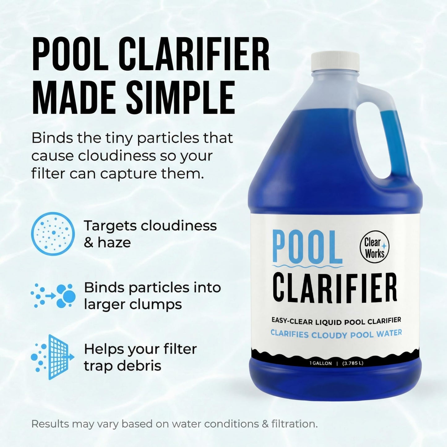 Pool Clarifier & Water Clarifier Liquid – 1 Gallon (128 fl oz) – Clears Cloudy Pool Water, Improves Filtration Capture, Chlorine & Saltwater Compatible Pool Chemicals for Above Ground & Inground Pools