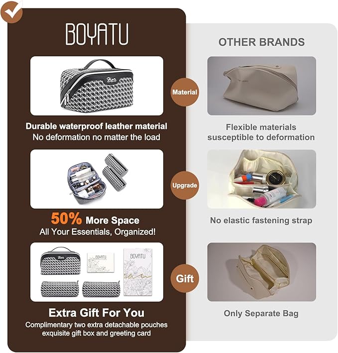 BOYATU Travel Makeup Bag Cosmetic Bags for Women: Large Capacity 3 Pcs Set Make up Bag with Compartments - Waterproof Vegan Leather Toiletry Organizer Bags with Handle (M-76Black)
