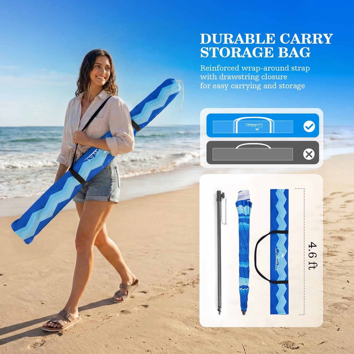 UIRWAY 7.5FT Beach Umbrella, Heavy Duty Windproof Beach Umbrellas with Sand Anchor & Tilt, Sun Protection Portable Beach Umbrella with Carrying Bag for Beach, Patio Garden Pool Outdoor