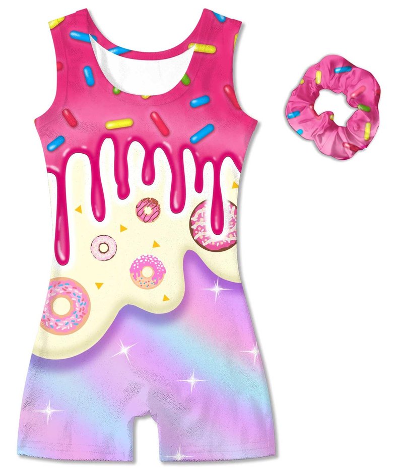 Vogseek 7-8 Years Girls Gymnastics Leotards with Hair Scrunchie Sparkle Dance Unitards Melted Ice Cream Shiny Active Biketards with Shorts for Kid Cute Tumbling Dance Outfit, Doughnut