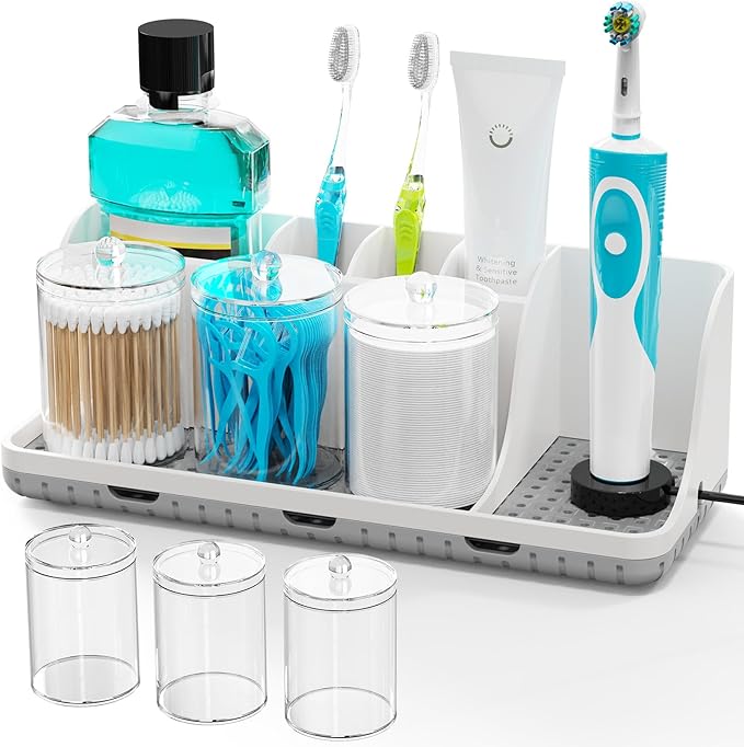 PARKMANI Bathroom Counter Organizers and Storage, Toothbrush Holders for Bathrooms with 3 PCS Qtip Holder, Kids Electric Toothbrush and Toothpaste Holder for Bathroom Vanity Sink Organizer (White)
