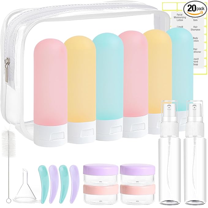 DEWSENSI 20 Pack Travel Bottles Set for Toiletries TSA Approved, Leak Proof Travel Size Containers Kit Portable Refillable Travel Accessories for Shampoo Conditioner Lotion Liquids