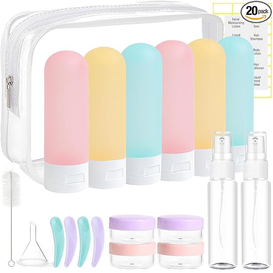 DEWSENSI 20 Pack Travel Bottles Set for Toiletries TSA Approved, Leak Proof Travel Size Containers Kit Portable Refillable Travel Accessories for Shampoo Conditioner Lotion Liquids