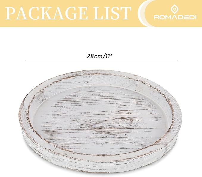 Romadedi Rustic Wooden Tray Candle Holder - Round Wood Decorative Pillar Candle Tray for Coffee Table Farmhouse Kitchen Countertop Organizer Home Decor Wedding Centerpiece, Distressed White