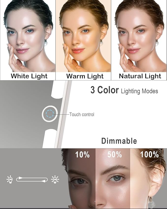 Rechargeable Travel Makeup Mirror with Lights and10x Magnification, 70 LEDs 3 Color Lights, Foldable Beauty Mirror, Portable Lighted Mirror Offwhite with Carrying Case