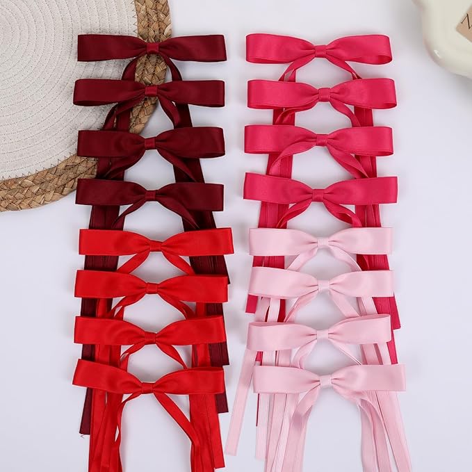 Hair Bows Clips Coquette Ribbon Bowknot with Long Tail Princess Hair Bows French Barrettes Hair Accessories for Women Girls 16PCS (Red, Rose red, Wine red, Pink)