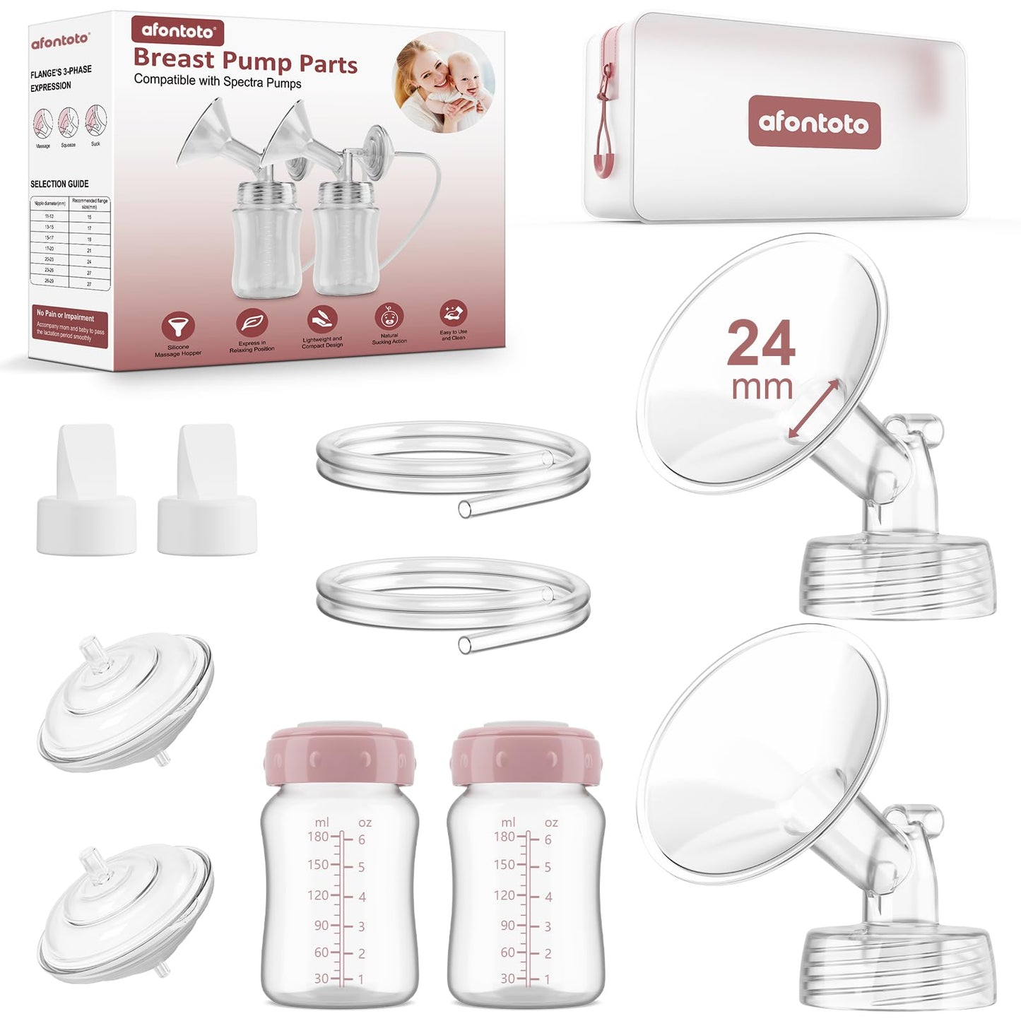 Pump Parts Compatible with Spectra S1/S2/9Plus Breastpump, Full Set Replacement Parts for Spectra Include 24mm Flange,Duckbill Valve,Backflow Protector,Tube,Bottle, Not Original S2/S1 Accessories