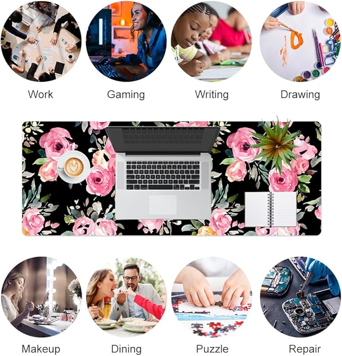 QIYI Large Mouse Pad, Floral Desk Mat for Desktop, Women Girls Watercolor Pink Flowers Office D??cor Desk Accessories, PU Leather Waterproof Gaming Mousepad, Black Desk Pad Computer Mat, 31.5" x 11.8"