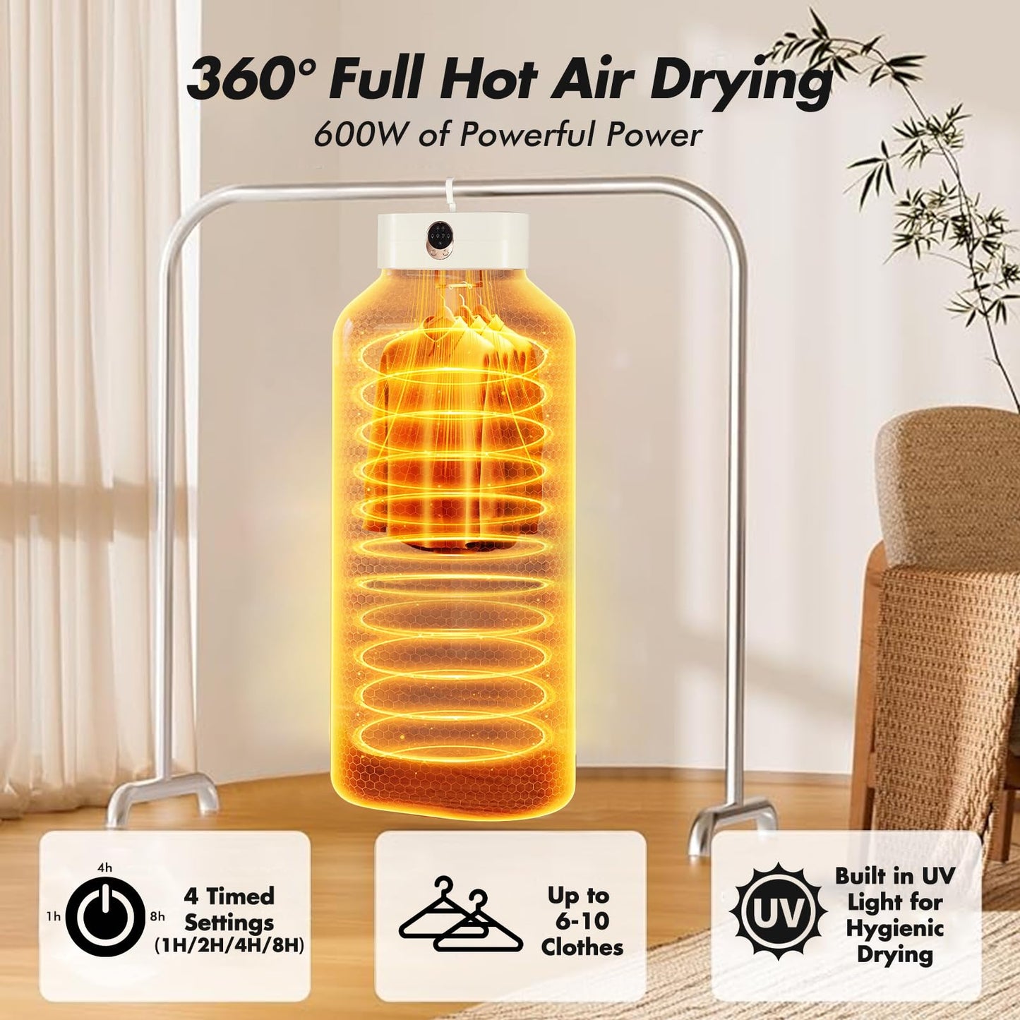 Portable Clothes Dryer for Laundry, Mini & Compact Dryer for Apartment, Dorms, RV, Travel, with 4 Timer Settings (1H/2H/4H/8H), 167°F Constant Temperature
