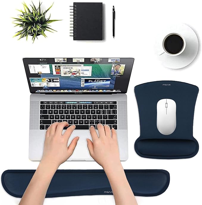 MOSISO Wrist Rest Support for Mouse Pad & Keyboard Set, Ergonomic Mousepad Non-Slip Base Home/Office Pain Relief & Easy Typing Cushion with Neoprene Cloth & Raised Memory Foam, Haze Blue