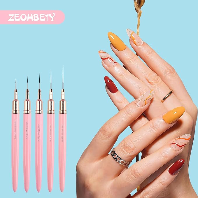 Metallic Nail Art Brushes, 5Pcs Nail Art Liner Brushes, Painting Art Design Brush Set Nail Dotting Drawing Tool for Long Lines, Thin Details, Fine Drawing Sizes 4/8/12/20/25mm, Pink
