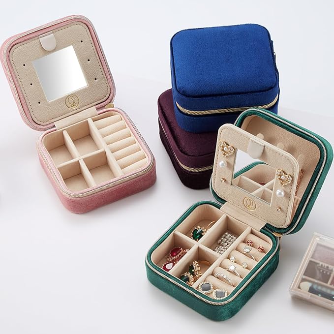Plush Velvet Jewelry Travel Case,Small Jewelry Box,Traveling Jewelry Organizer,Portable Jewellery Storage Holder for Rings Earrings Necklace Bracelet, for Girls Women | Pink-Mirror