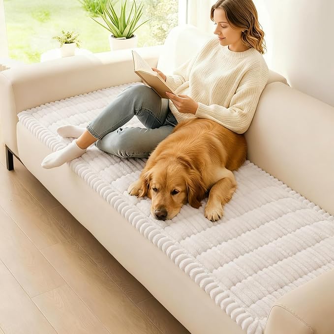 hyha Couch Covers for Dogs Washable, Non Slip Plush Dog Sofa Protectors, Fuzzy Pet Couch Covers for 3 Cushion Sofa Pet Friendly (White, 27.6" x 82.7")