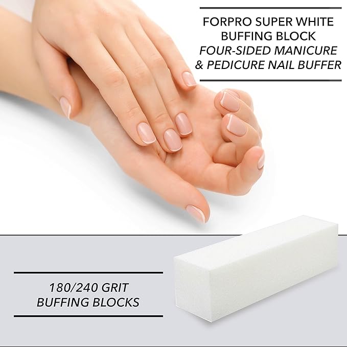 ForPro Professional Collection Buffing Block, Super White, 180/240 Grit, Four-Sided Manicure and Pedicure Nail Buffer, 3.75" L x 1" W x 1" H, 20-Count