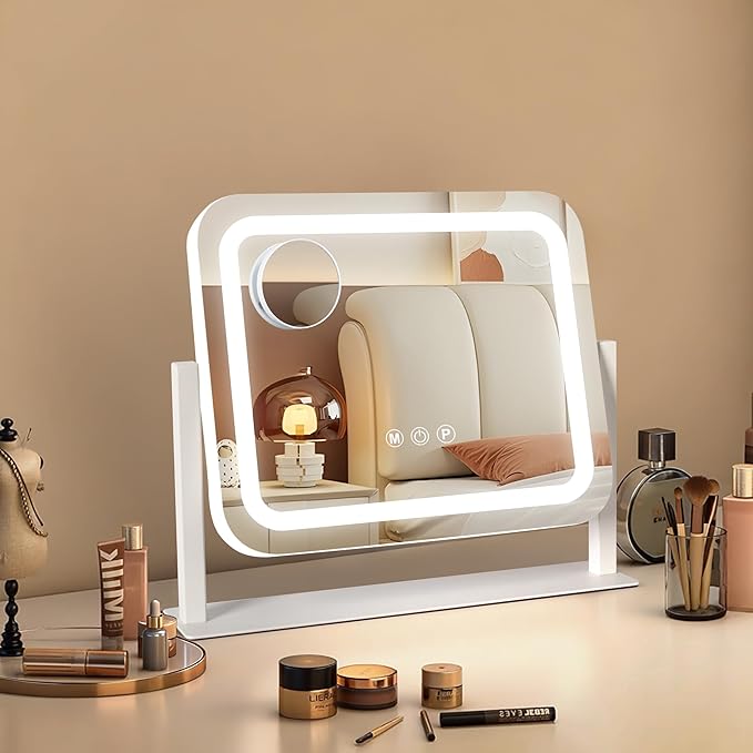 Vanity Mirror with Lights 14"×12", Led Makeup Mirror, Lighted Makeup Mirror with 3 Color Dimmable Lights, Smart Touch Screen Control, 360°Rotation