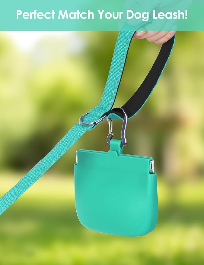 RBibei【One-Hand Access Silicone Dog Treat Pouch, Small Pocket Sized Training Pouch with Pull Tab & Auto Closing Lid for Easy Pet Training & Walking (Turquoise)