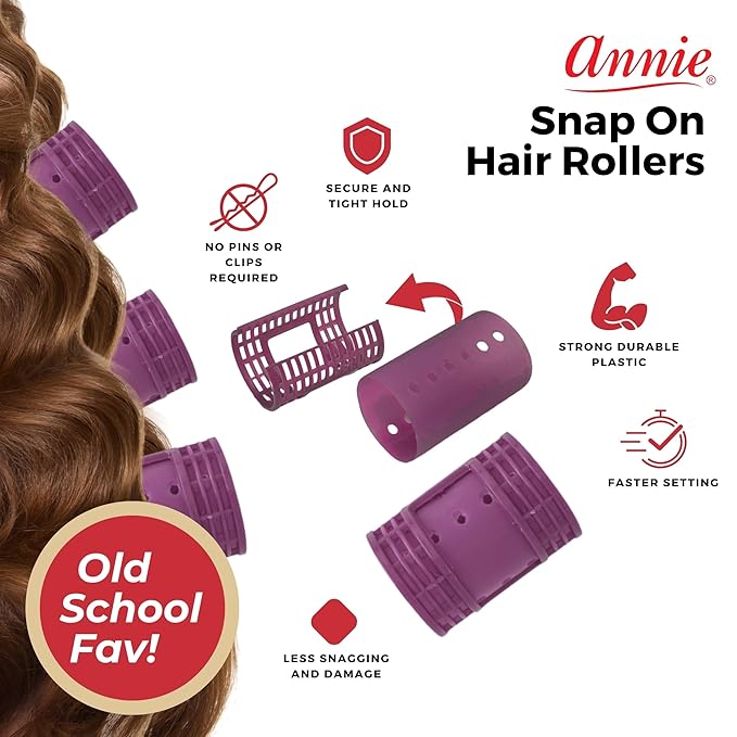 Annie Snap-On Magnetic Hair Rollers – Extra Jumbo 1 3/4 Inch with Locking Snap-Over Hood – Secure Hold No Pins Needed – Purple, 6 Count