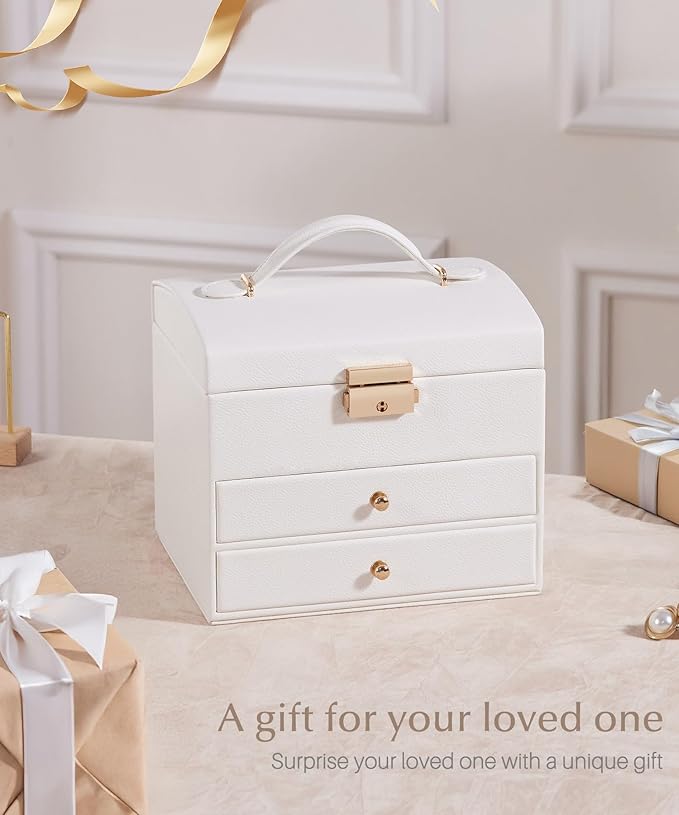 Homde Girls Jewelry Box with Lock: 3 Layer Organizer with Removable Tray - Storage for Ring Necklace Earring - Birthday & Return Gifts for Young Women (Cloud White)