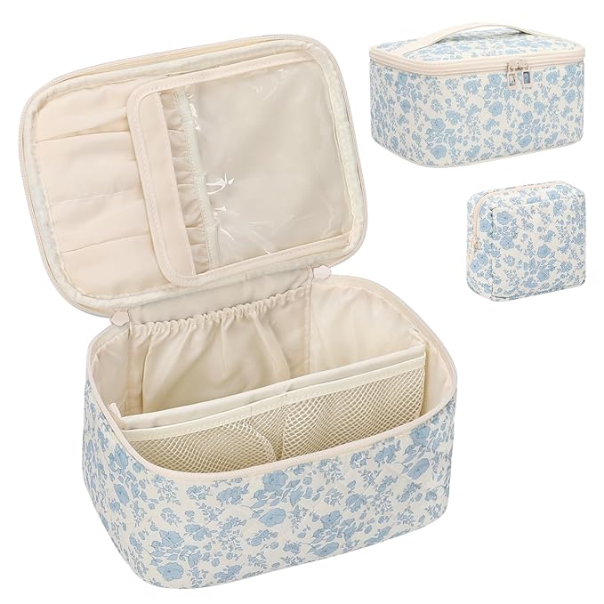 OCHEAL Makeup Bag Set, Portable Travel Makeup Bags Cosmetic Organizer Bag for Women Cute Floral Cosmetic Pouch Large Capacity Make up Bag Toiletry Bags with Divider and Handle-Floral