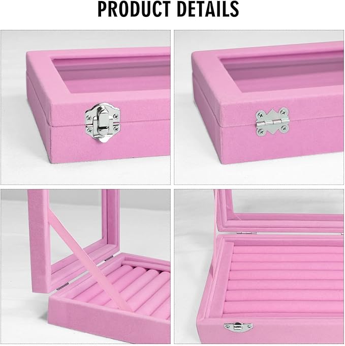 Rings Organizer Tray 7 Slots Velvet Jewelry Earring Storage Box with Transparent lid Jewelry Display Case for Girls Wife Mom Women (Pink)