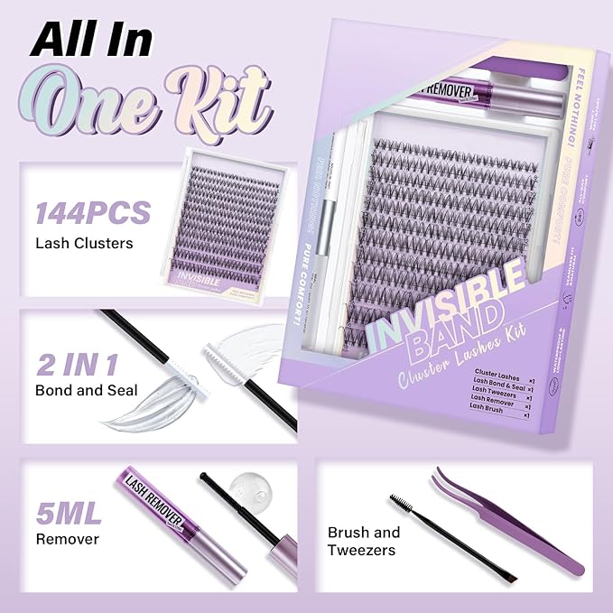 B&Q Venus Lash Clusters Kit Natural Lashes Clusters Wispy Invisible Band Manga Lashes Individual Lashes Bond and Seal Eyelash Extension Kit Easy Removal (Venus Kit-8-18MIX)