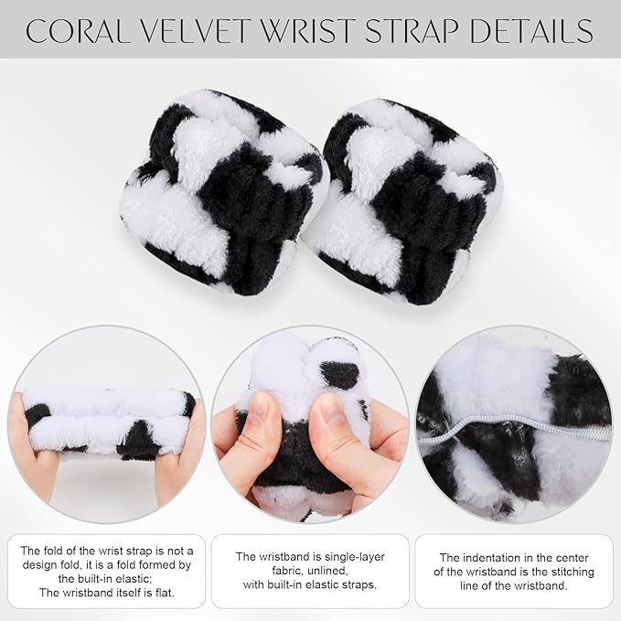 CAVETEE 3 Piece Hairband and Wristband Set, Black&white Cow Horn, Spa Cosmetic Elastic Makeup Headband and Wristband for Women Girl Wash Face Skincare Makeup Shower Spa Headband