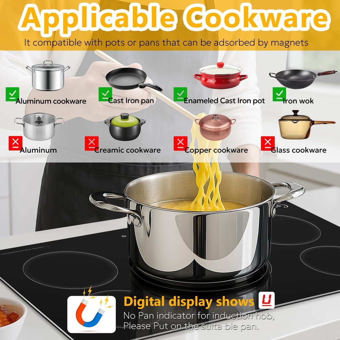 36 Inch Induction Cooktop, 5 Burner Built-In Electric Stove Top, 10800W High Output 240V Hardwired, Touch Control with Power Boost, 9 Power Levels, Timer, Child Lock & Residual Heat Indicator