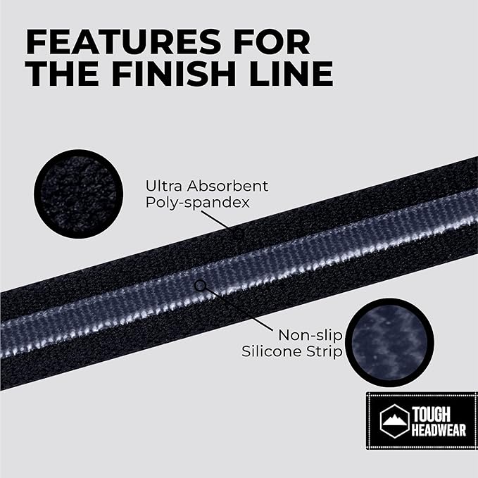 Tough Headwear Thin Elastic, Sports for Women & Men, Workout, Running, Soccer and Mens Headband - 3-Pack | Black, Gray and White