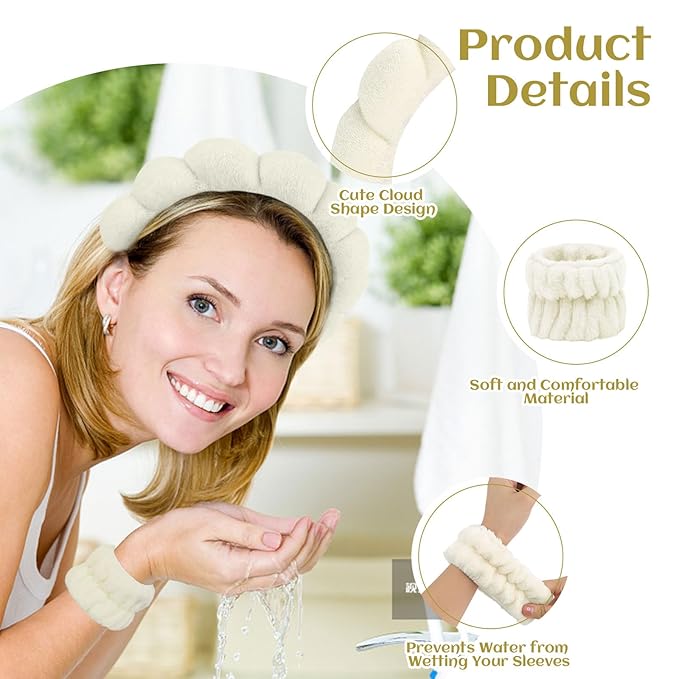6 Pcs Puffy Spa Headband and Wristbands, Beige, Hairband for Washing Face Skincare, Absorbent Headband for Shower, Yoga, Makeup, Unisex-Adults