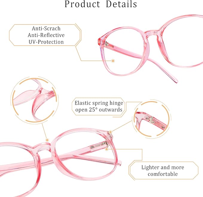 LifeArt Round Blue Light Blocking Glasses, Computer Glasses, Gaming Glasses, TV Glasses for Women Men (Clear Pink, 0.50 Magnification)