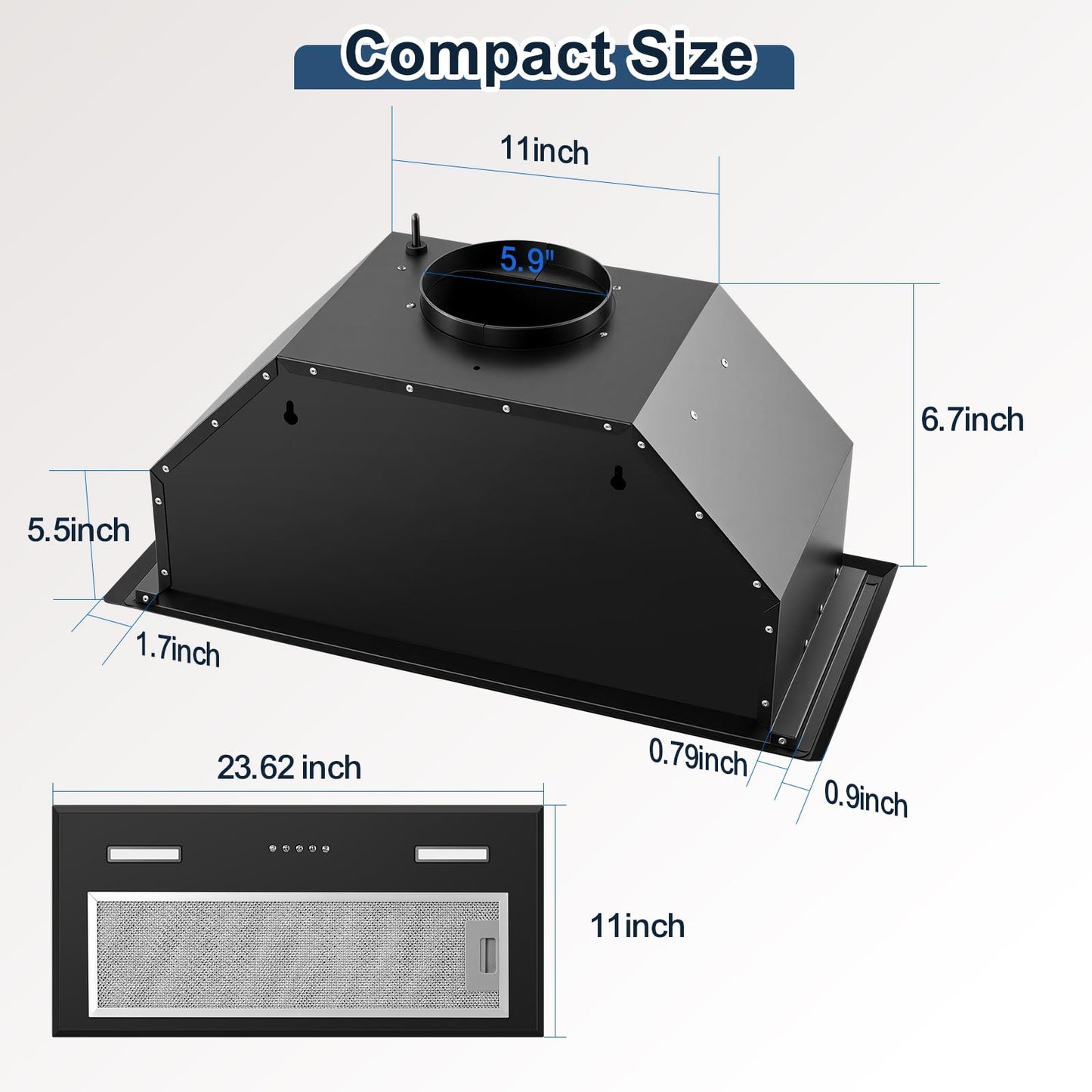 Insert Range Hood 24Inch, Built-in Kitchen Hood with 353 CFM, 3-Speed Vent Hood with Push Button Control LED Lights, Metal Filter, Suitable for Home kitchen, Compact Kitchen, Apartments