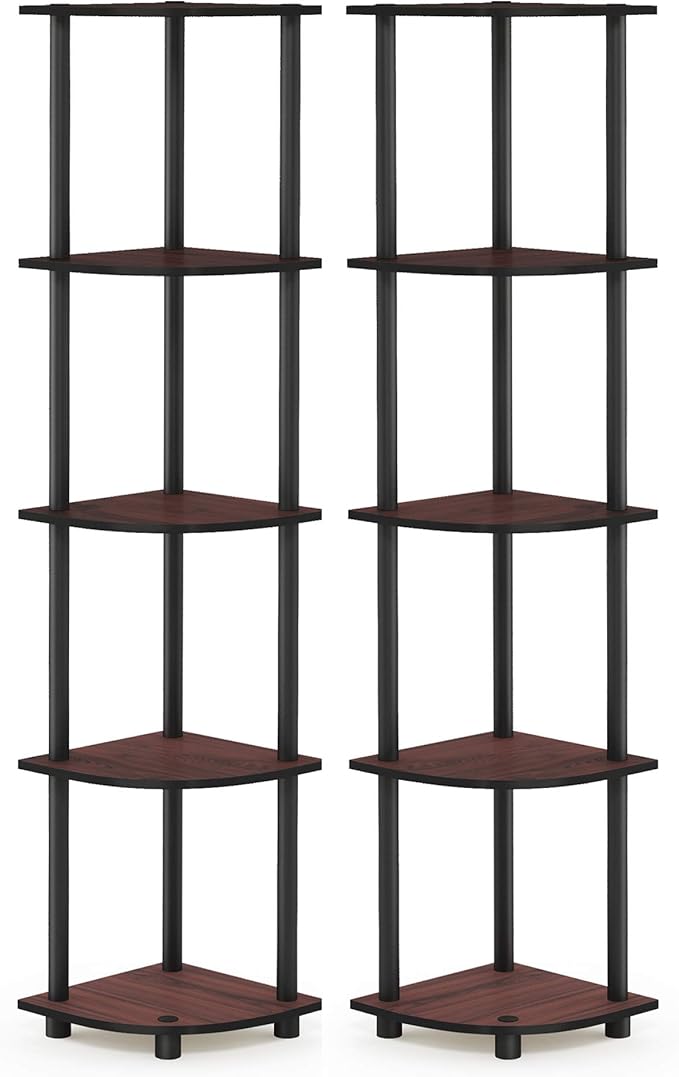 Furinno TURN-N-TUBE Corner Shelf Set of 2, 5-Tier Corner Bookshelf, Open Storage Shelves, for Organization and Storage, Living Room, Home Office, Garage, Dark Cherry