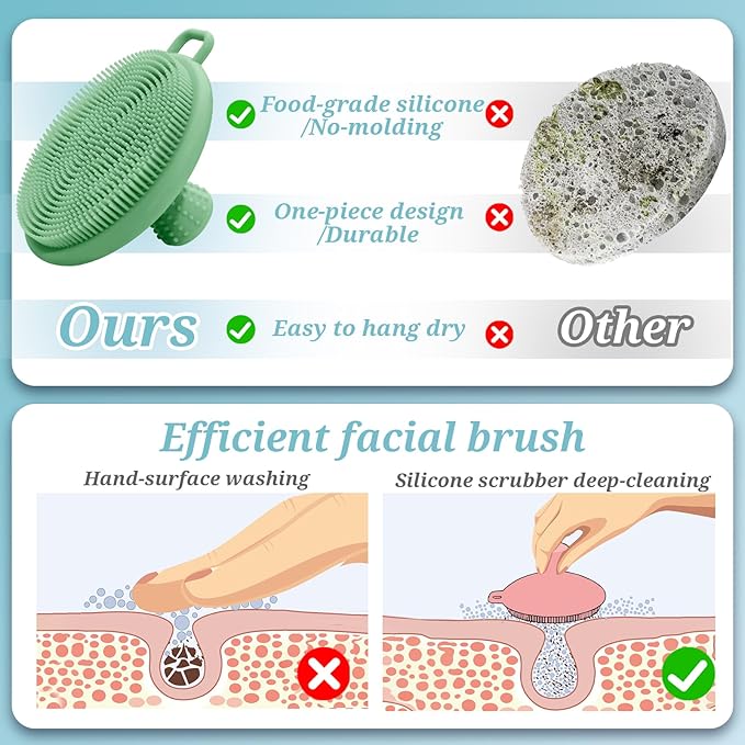 Silicone Back & Body & Face Scrubber Set 3PCS, Gentle Exfoliating Back & Body Scrubber with Dual-Side Brush Head, Hygienic Silicone Loofahs with Soft Bristle and Non-Slip Handle(Green-3PC)