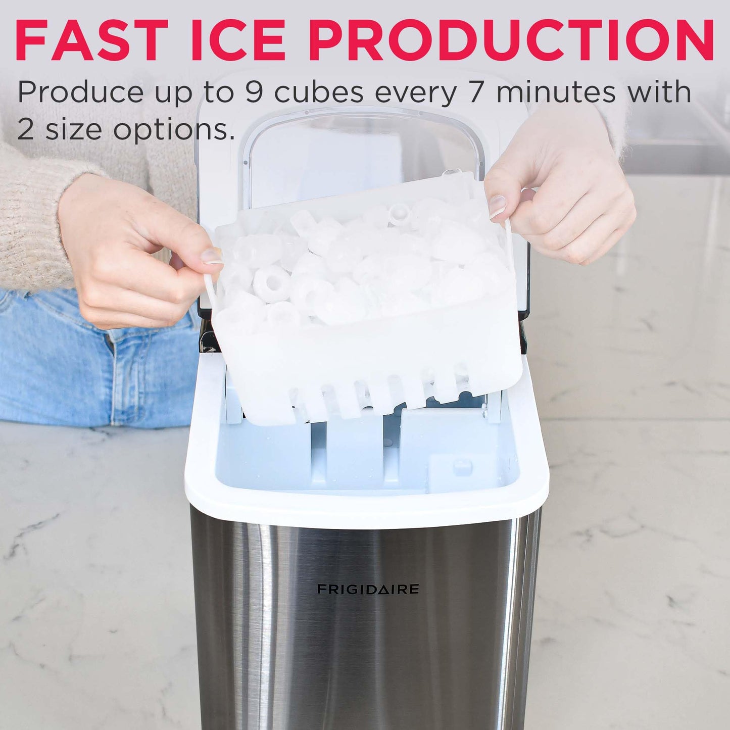 Frigidaire Compact Countertop Ice Maker, Makes 26 Lbs. of Bullet Shaped Ice Cubes Per Day, Silver Stainless