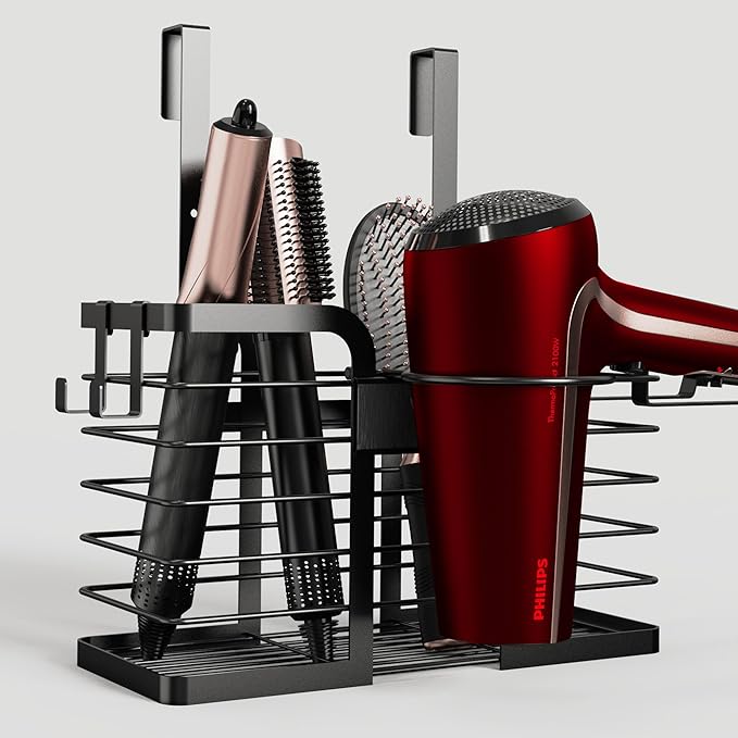 YIGII Hair Dryer Holder, 3 in 1 Hair Tools Organizer Blow Dryer Holder Adjustable Height Cabinet Door/Wall Mounted Bathroom Organizer and Storage for Hair Dryer, Flat Irons, Curing Wands