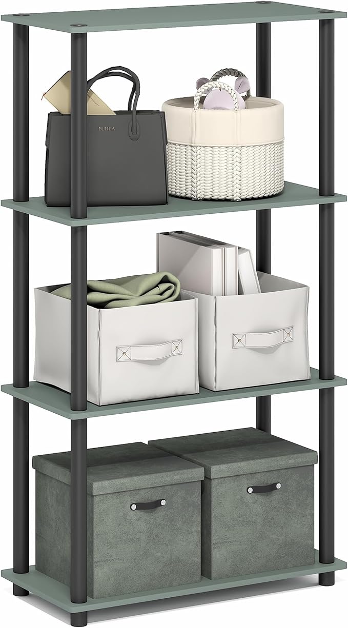 Furinno Turn-N-Tube Storage Shelves, 4-Tier Toolless Book Shelf, Corner Shelf, Toolless Open Shelves, for Organization and Storage, Living Room, Garage, Home Office, Sage Green