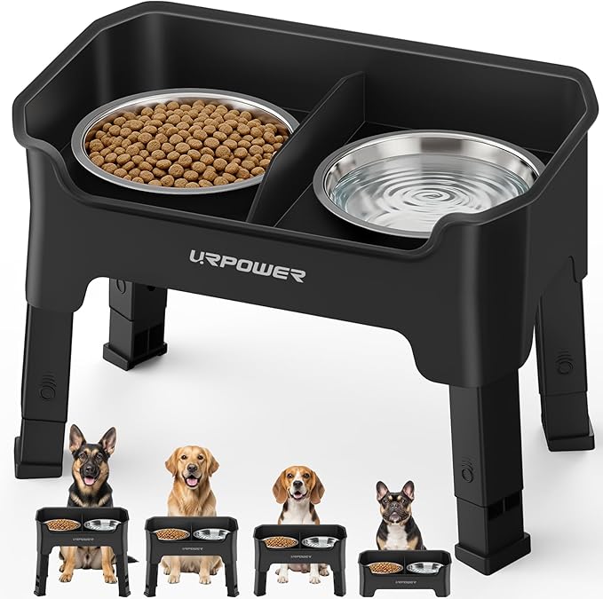 URPOWER Mess Proof Elevated Dog Bowls, High Wall Splash Guard Design, 4 Height Adjustable Raised Bowl Stand, 2 Large Stainless Steel Bowls, Non-Slip Food Water Set for Small Medium Large Dogs
