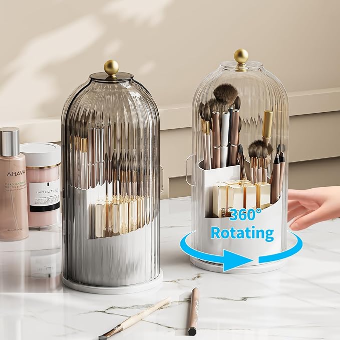 Dustproof Toothbrush Holder with Lid, 360 Rotating Countertop Electric Toothbrush Toothpaste Holders with Cover for Bathroom, 3 Slots Makeup Brush Holder with Lid for Vanity, Clear Grey