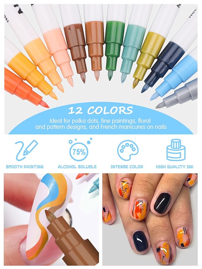 12 Color 3D Nail Art Pens Set, Kalolary Nail Point Graffiti Dotting Pen Drawing Painting Liner Brush for DIY Nail Art Beauty Adorn Manicure Tools
